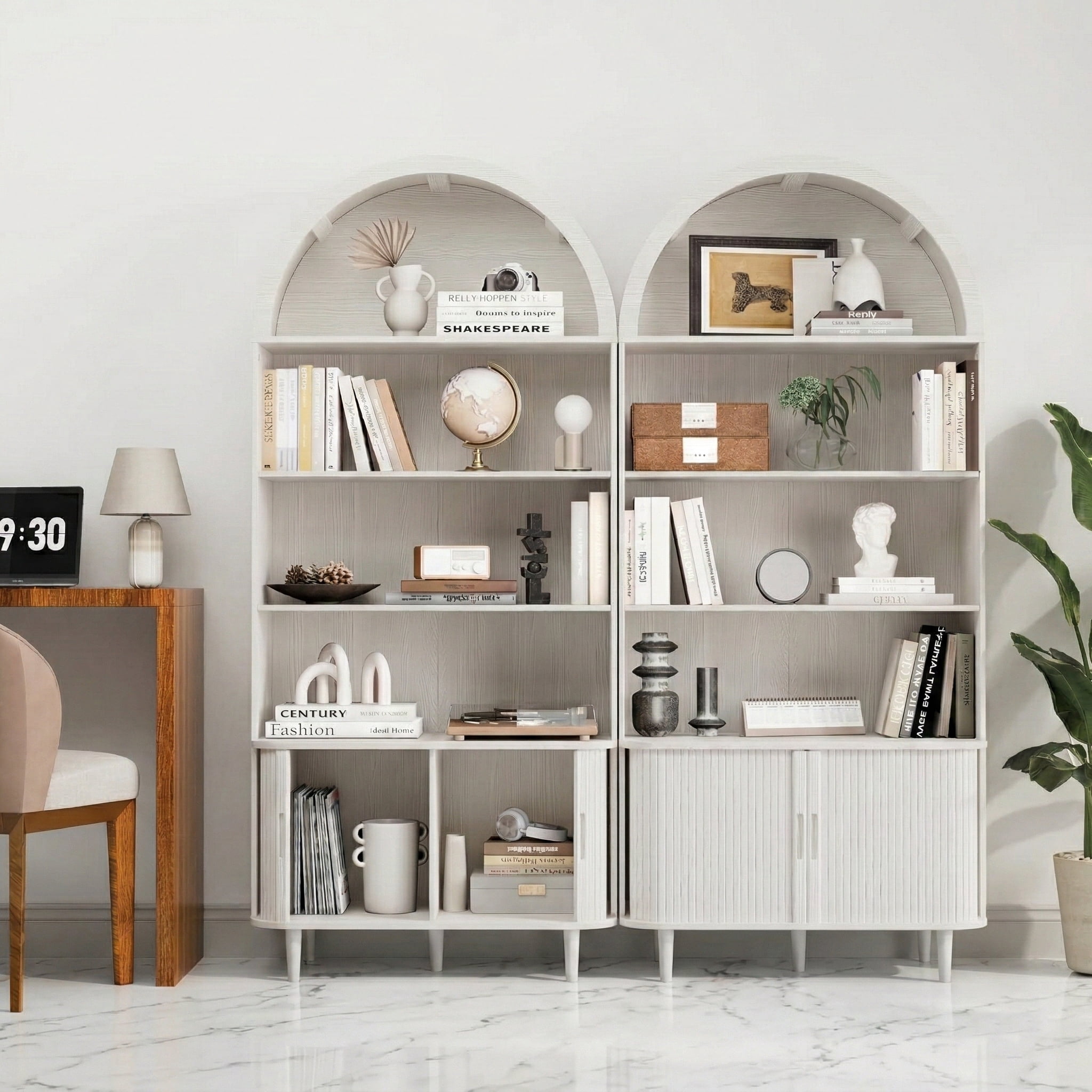 Aisword 71" Tall Arched Bookcases, 5-Tier Modern Farmhouse Bookshelf with Adjustable Shelves & Sliding Doors, Wood Display Storage Cabinet for Living Room, Office, White