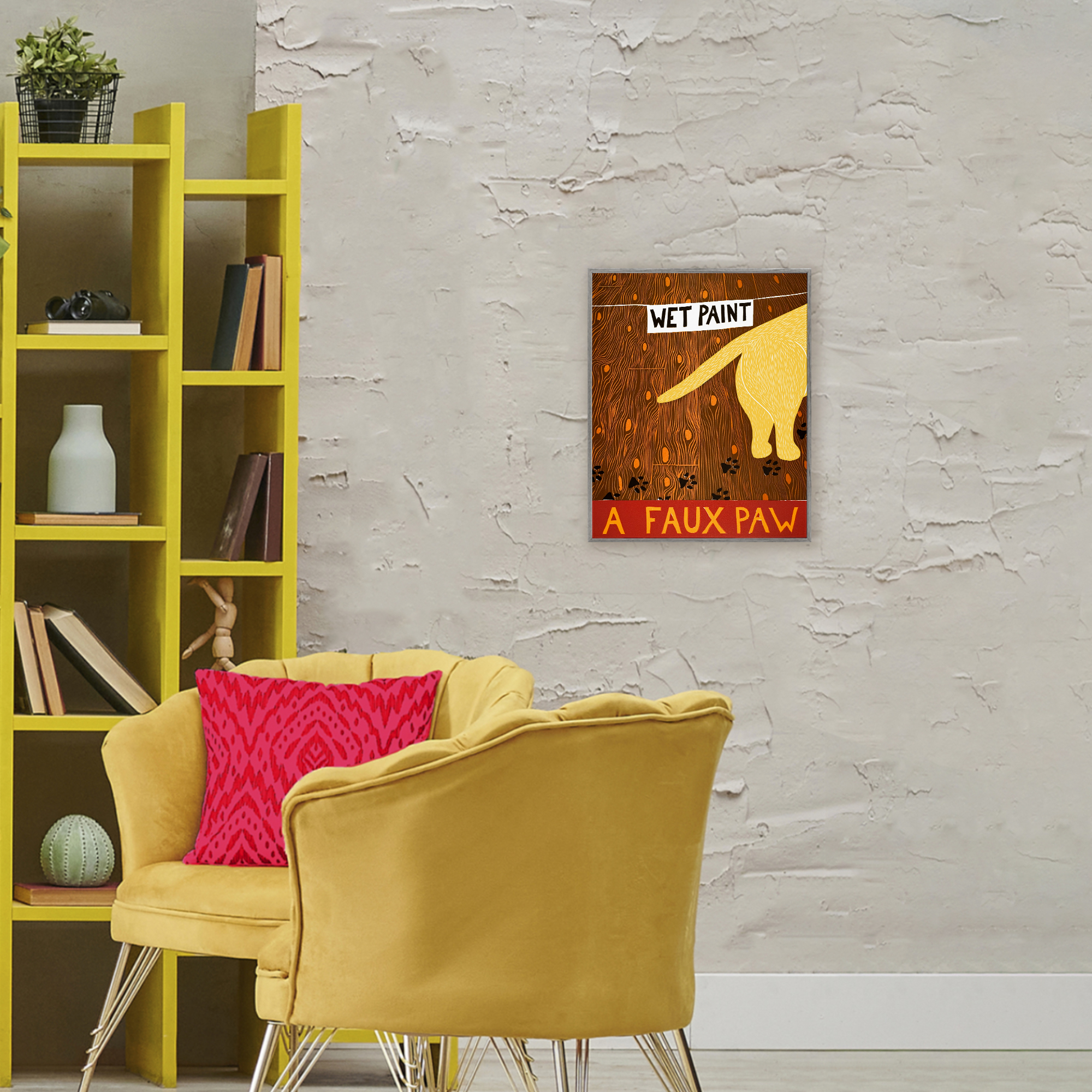 Wet Paint Faux Paw Gray Framed Giclee Art, design by Stephen Huneck