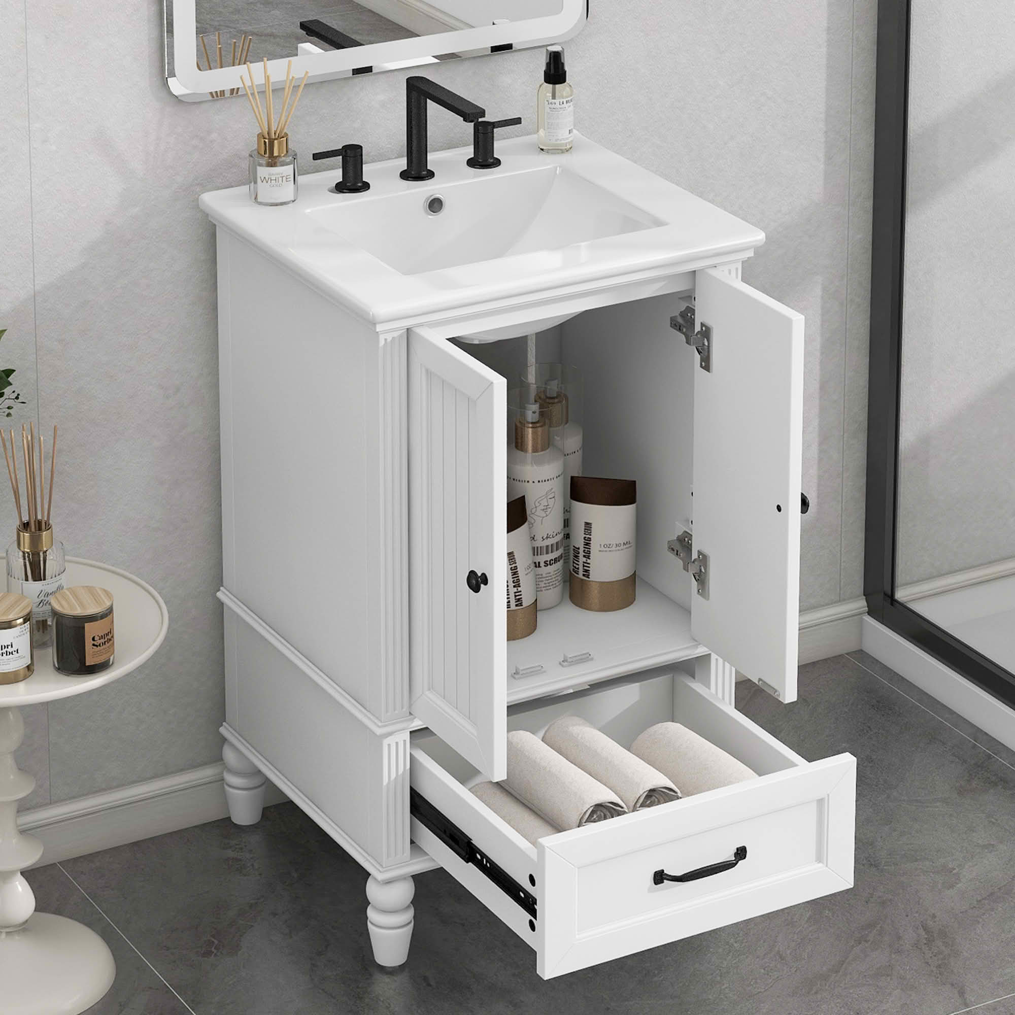 MAYEERTY 20" Bathroom Vanity with Sink 2 Doors Magnetic Stopper Adjustable Foot Pads Drawer White