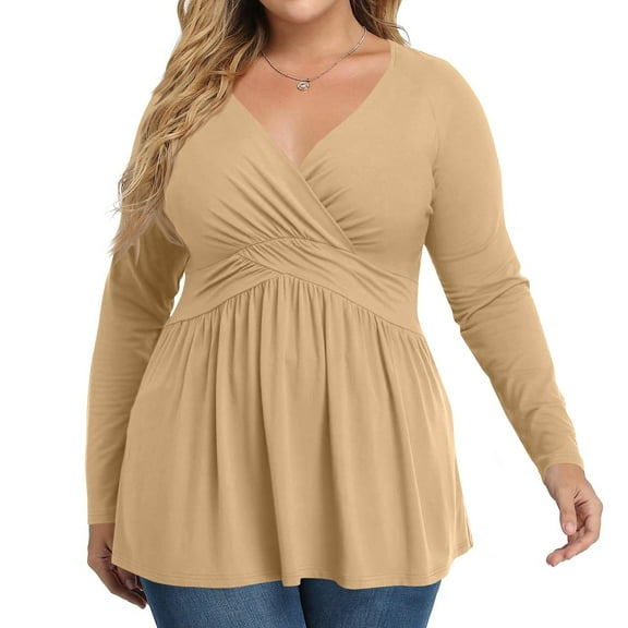 Fashion Women's Casual Plus Size Shirt Tunic Long Sleeve Solid Color Top Pleated Casual V-Neck Lightweight Blouse Top
