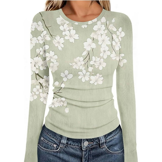 Ailaofu Hauts à Manches Longues pour Femmes Col Rond Blouse Florale Superposition Ajustée pour Sortir