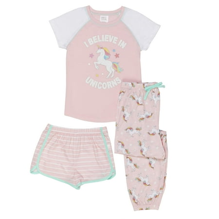 Girls Pyjama Set - Raglan Graphic Tee, Short and Sleep Pant, 3-Piece Pajama Set (Little Girls & Big Girls)