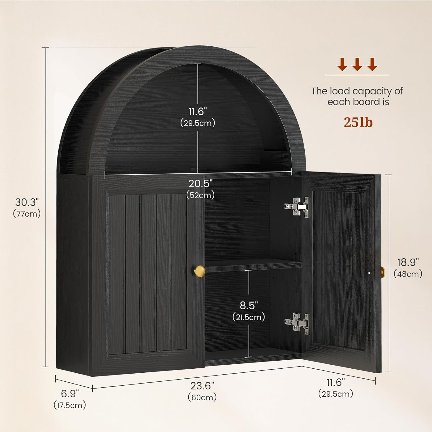 Arched Wall Cabinet, Wall Mounted Cabinets with Grille Door and Adjustable Shelf for Bathroom Laundry Room Kitchen, Modern Black