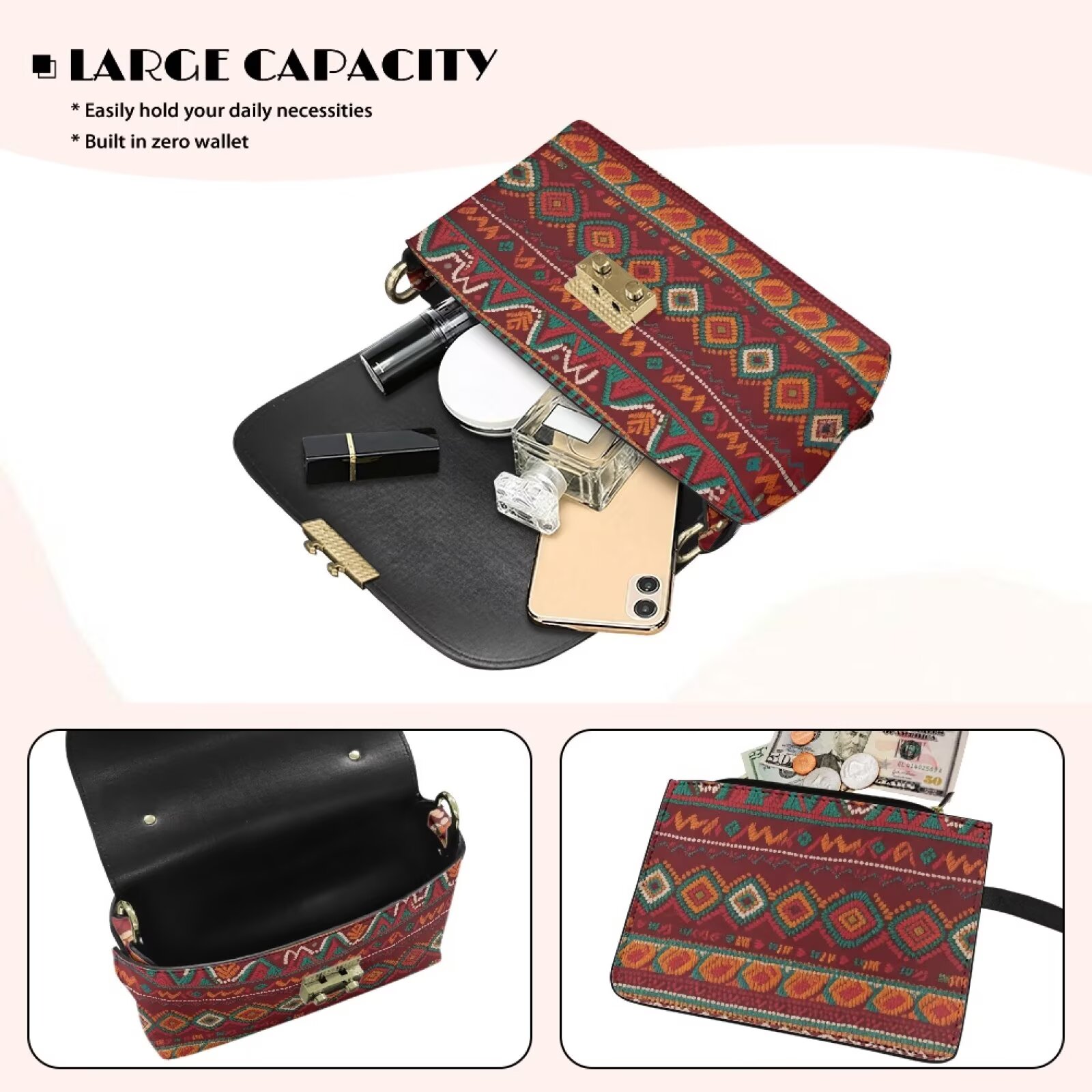 Pzuqiu Aztec Tribal Leather Crossbody Bags for Women Minimalist Vintage Leather Quilted Shoulder Bag with Chain Strap Craftsmanship for Party and Special Occasions