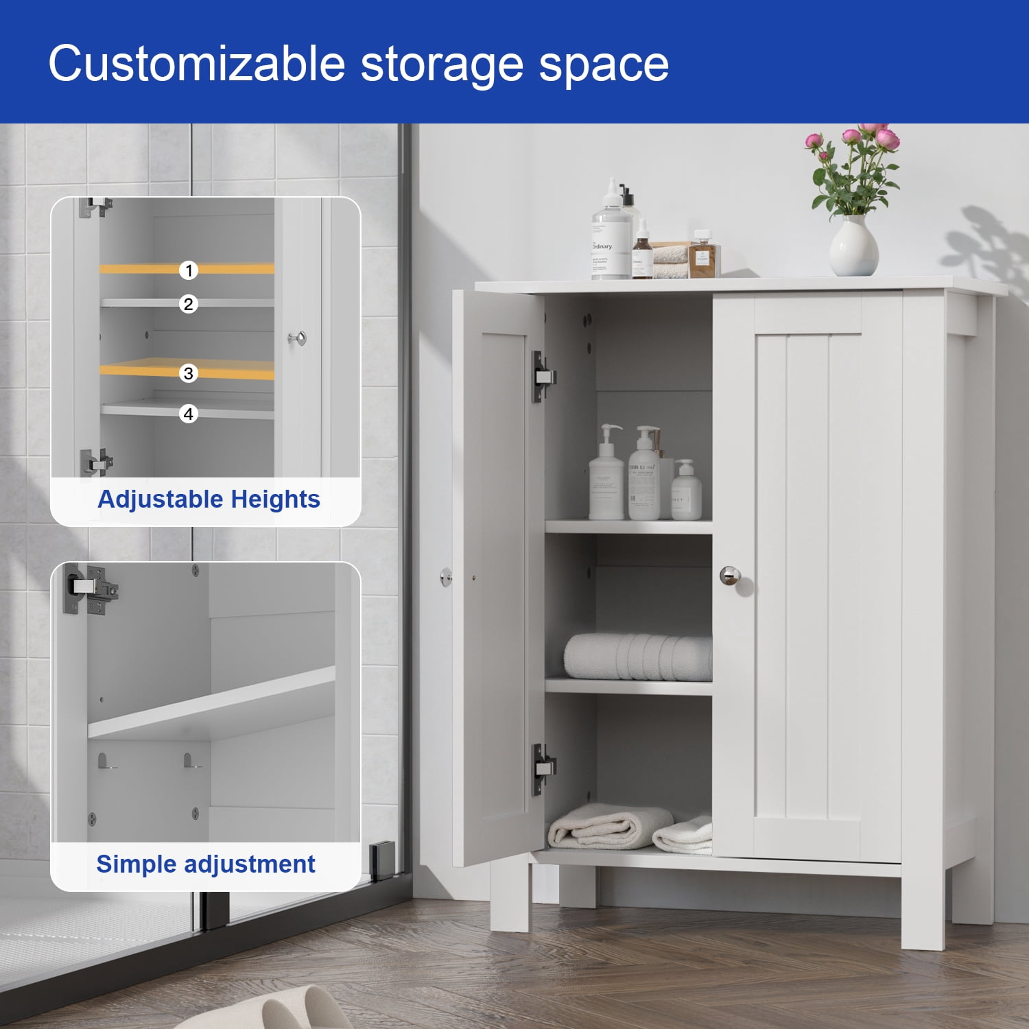 ASJMR Farmhouse Bathroom Floor Cabinet with 2 Doors, Modern Storage Freestanding Organizer Cabinet with Adjustable Shelves, Small Bathroom Cabinet for Kitchen/Bathroom/Living Room, White