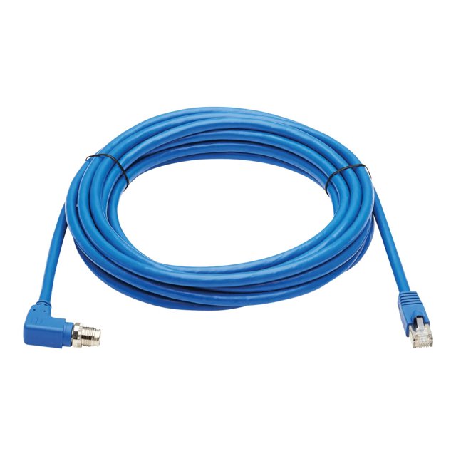Eaton Tripp Lite Series M12 X-Code Cat6a 10G F/UTP CMR-LP Shielded Ethernet Cable (Right-Angle M12 M/RJ45 M), IP68, PoE, Blue, 5 m (16.4 ft.) - Network cable - TAA Compliant - 8 pin M12-X (M) right-angled to RJ-45 (M) - 16.4 ft - foiled unshielded twisted pair (F/UTP) - CAT 6a - IEEE 802.3bt - snagless - blue