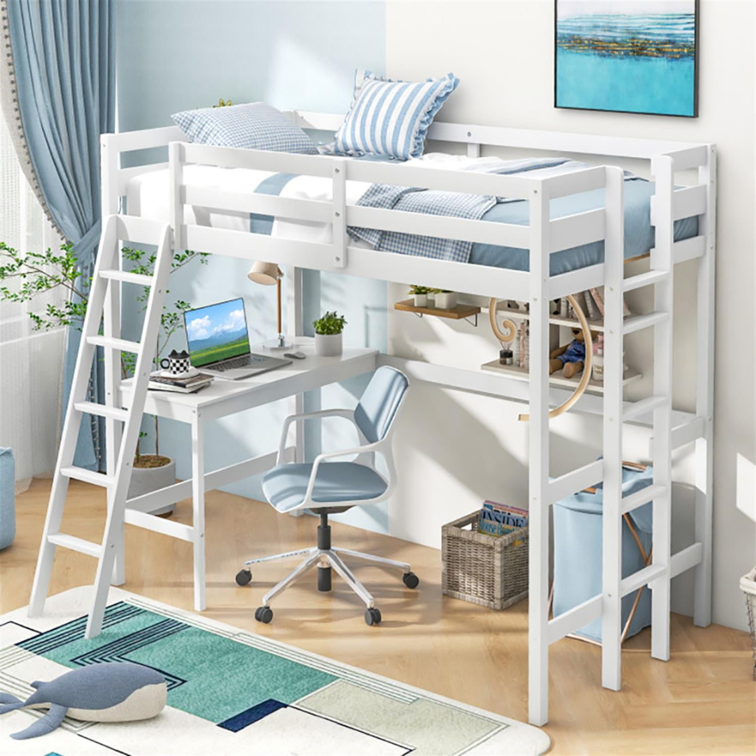 Demi Bonn Loft Bed Twin Size, Solid Wood Loft Bed with Desk Angled and Built-in Ladder, Modern Wooden Playhouse Bed Frame, White