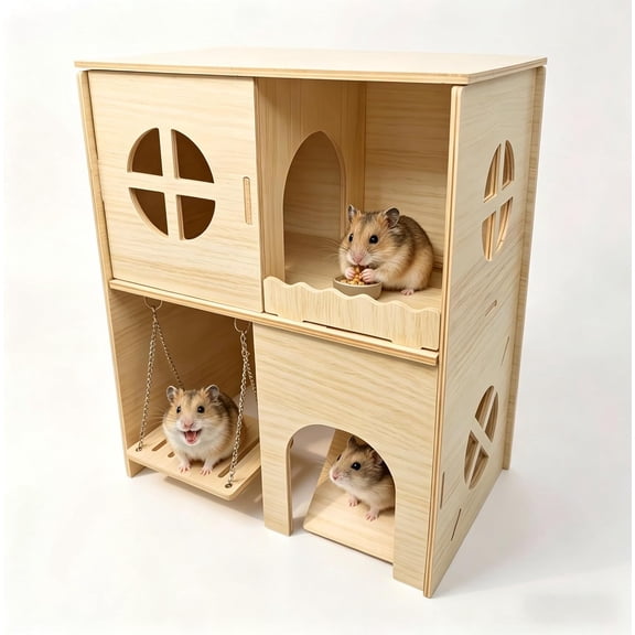 Wooden Hamster Hideout & Cage Accessories - Multi-Chamber Habitat with Swing, Ladder, House and Playground for Climbing - Enrichment Toys for Dwarf Hamster, Gerbil, Mouse, and Small Rodents