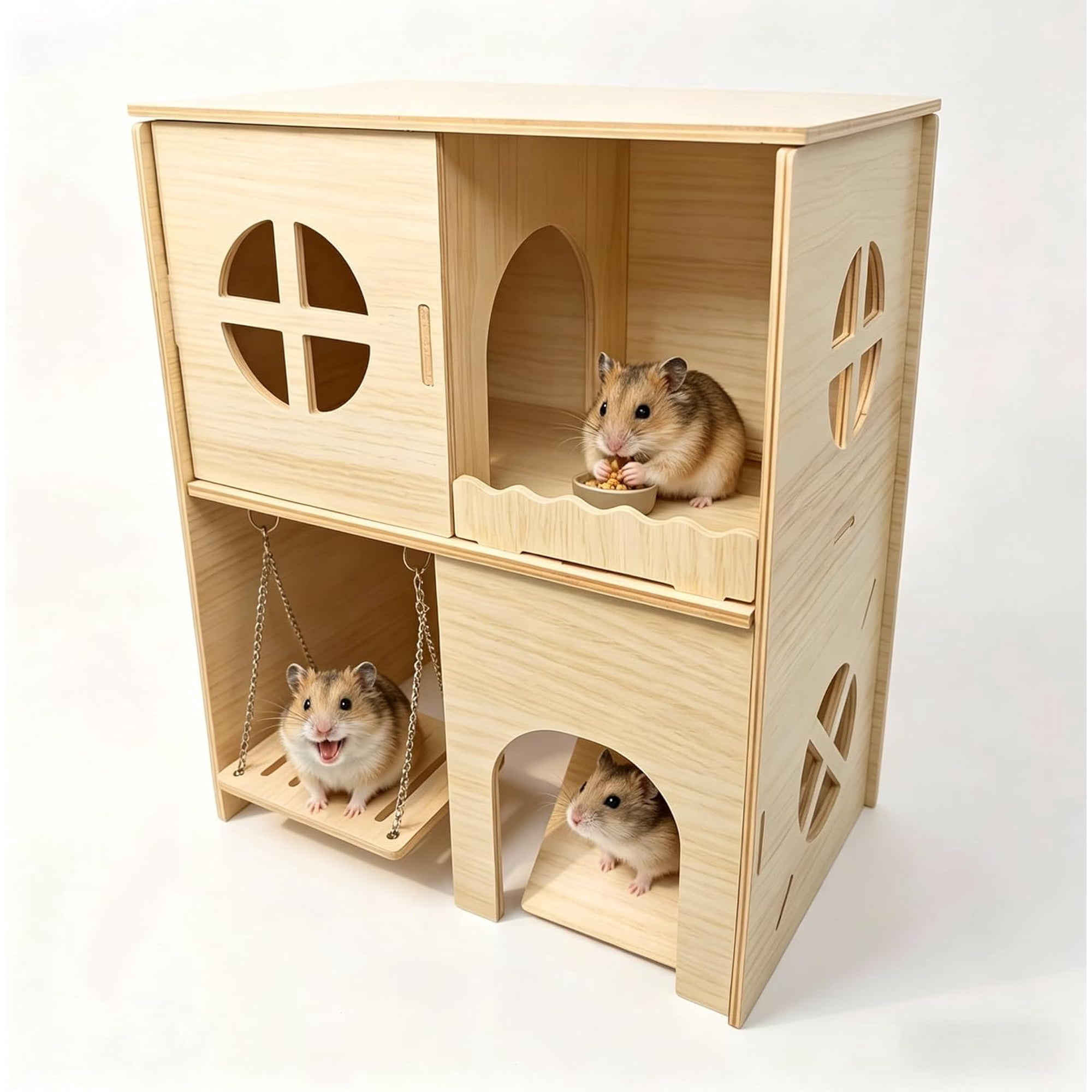 Wooden Hamster Hideout & Cage Accessories - Multi-Chamber Habitat with Swing, Ladder, House and Playground for Climbing - Enrichment Toys for Dwarf Hamster, Gerbil, Mouse, and Small Rodents