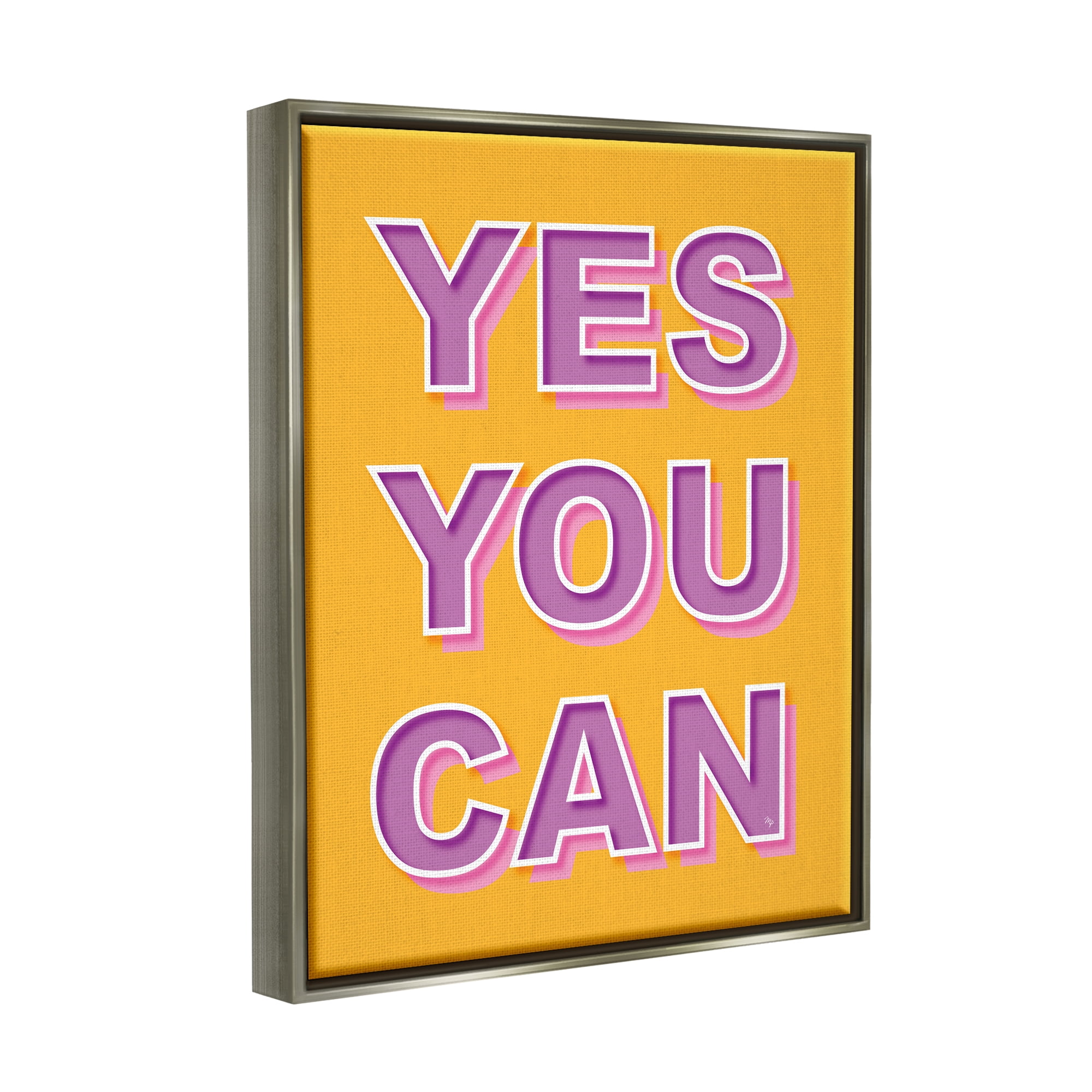 Stupell Industries Yes You Can Purple & Yellow Typography Painting Gray Floater Framed Canvas Art Print Wall Art, 17 x 21