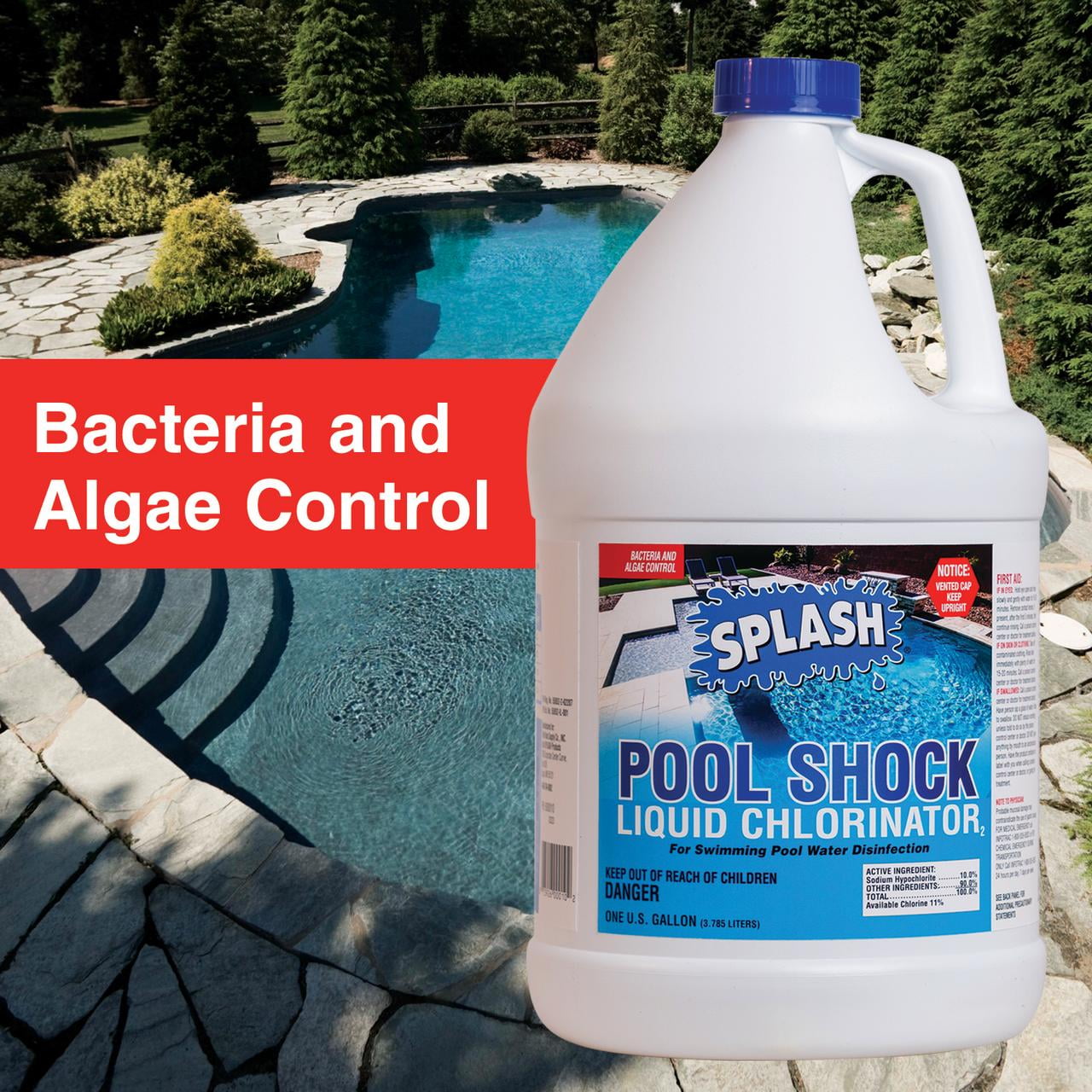 Splash Liquid Pool Shock Chlorinator 10% Sodium Hypochlorite for Algae and Bacteria Control