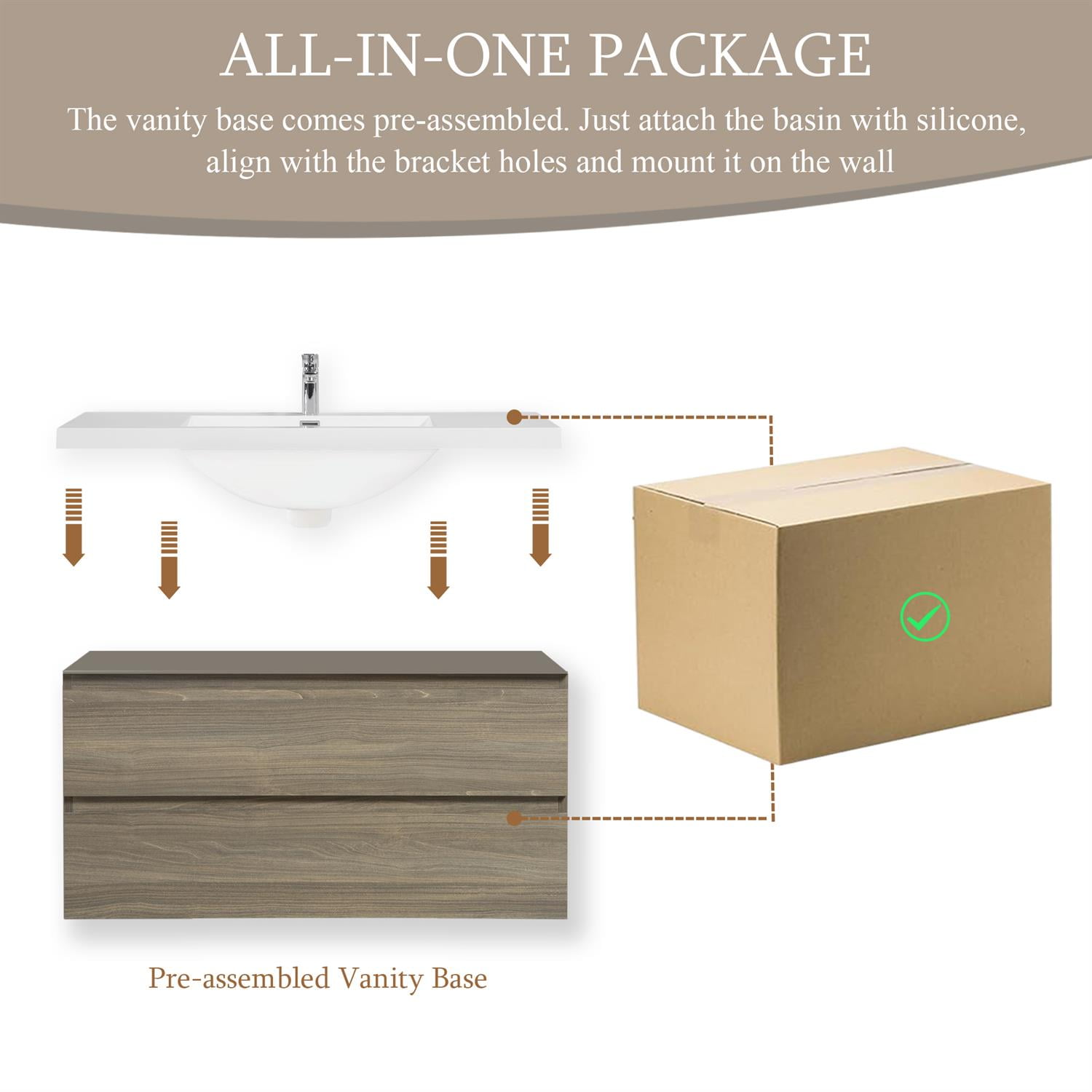 Demi Bonn 42" Floating Bathroom Vanity with Sink, Resin Top Basin and 2 Soft Close Drawers, Faucets and Drains Not Included, Gray