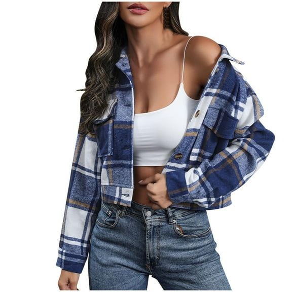 HuaLeiMao 2024 Autumn and Winter New Women's Retro Striped Plaid Shirts Jacket Long Sleeve Button Short Jacket Tops with Pockets