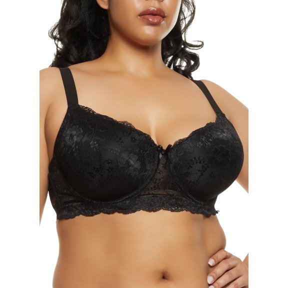 Women's Plus Size Lace Floral Patterned Plunge Bra