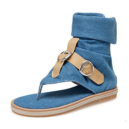 

Sandals Womens Crossborder Denim Leather Belt Buckle Color Contrast Clip Toe Shoes