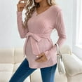 thumbnail image 3 of Eltusu Women Maternity Long Sleeve Tops, Comfort Pullover Stretch V-Neck Pregnancy Clothes Pink Size L, 3 of 7