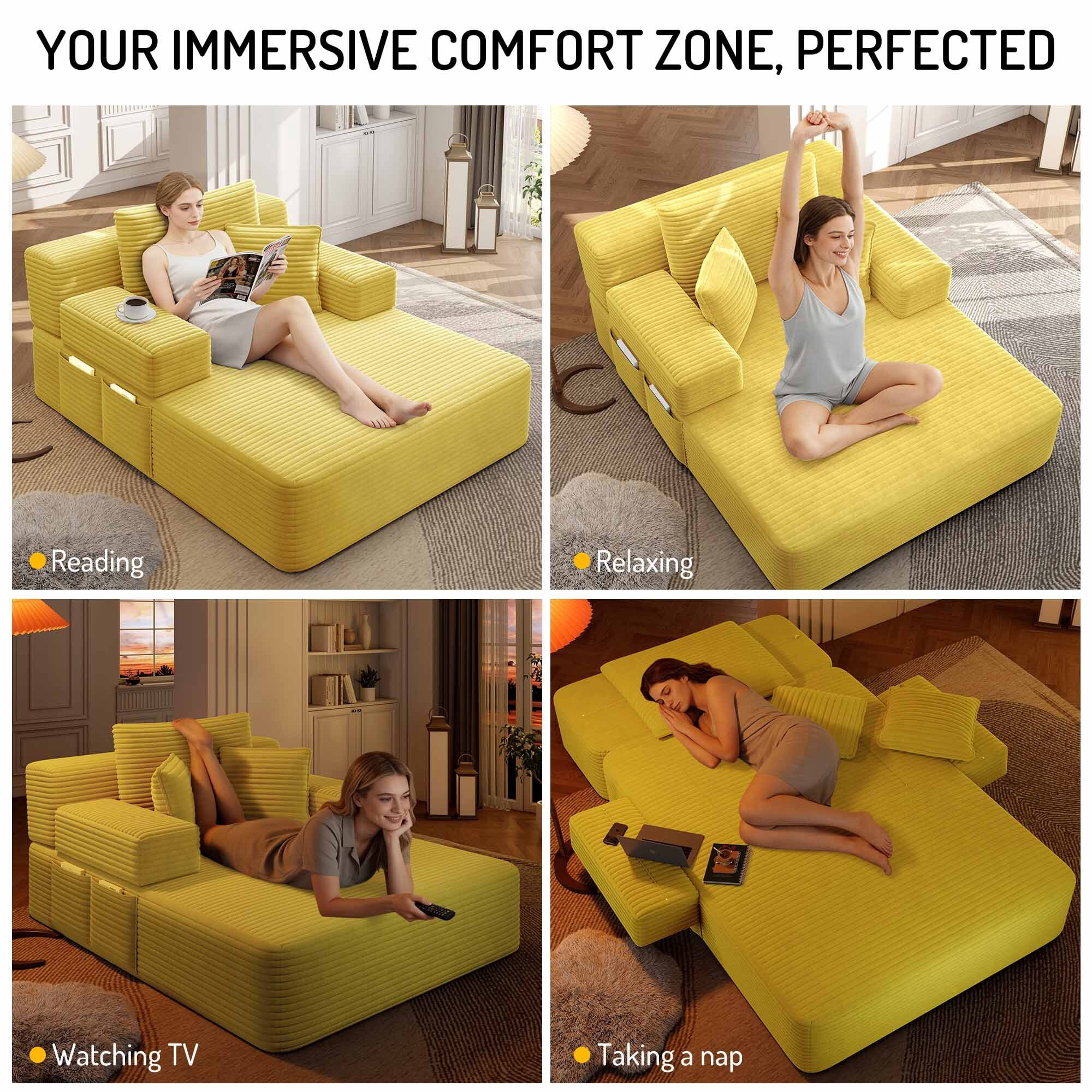 Lunale Boneless Chaise Lounge Chair Indoor, Oversized Convertible Sofa Bed, Cloud Corduroy Sofa Chair for Living Room, Yellow