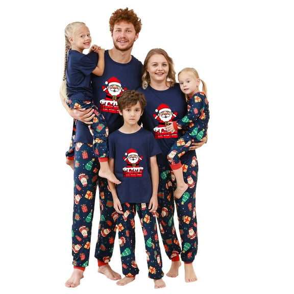 Odeerbi Christmas Pajamas for Family Holiday Short Sleeve Family Christmas Pajamas Matching Sets Dad Casual Print Top with Bottom Outfits Home Wear Sleepwear Family Matching PJs Set Blue