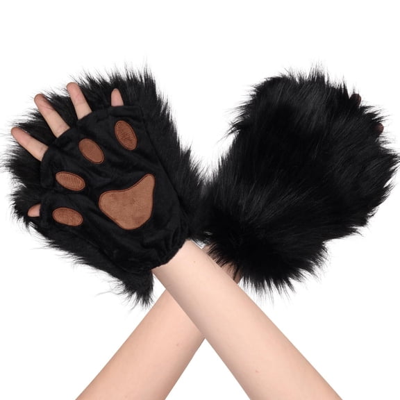 ZKSNART Wolf Paw Gloves Faux Fur Plush Fingerless Fox Cat Bear Gloves,Brown