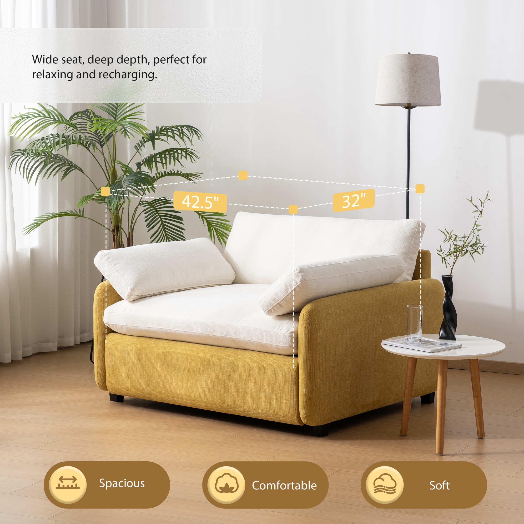 Noble House Iveron Oversized Chenille Upholstered Single Sofa Chair, Armchair Couch with Armrest Pillows, Yellow & Cream