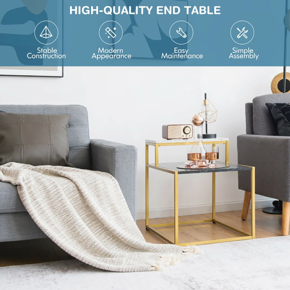 Finihen End Side Table, Rectangular Coffee Table, Gold Metal Frame Side Table, 2 Tier End Side Table with Metal Frame and Storage Shelf, for Living Room, Reception Room, White Finihen End Side Table, Rectangular Coffee Table, Gold Metal Frame Side Table, 2 Tier End Side Table with Metal Frame and Storage Shelf, for Living Room, Reception Room, White