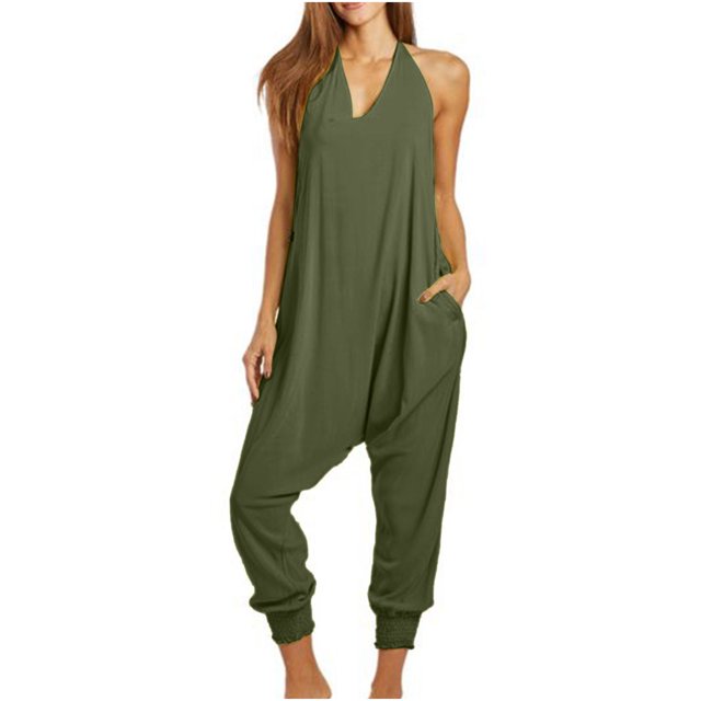 Jumpsuits for Women Halter Backless Summer Rompers Beam Foot Long Pants One Piece Outfits Playsuits with Pockets