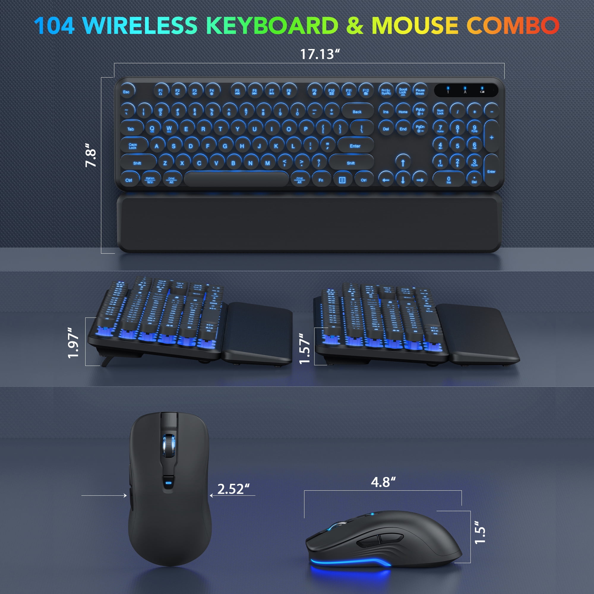 Wagpak Wireless Keyboard and Mouse Backlit - Retro Round Keycaps, Detachable Wrist Rest, Black, New, 1 Count