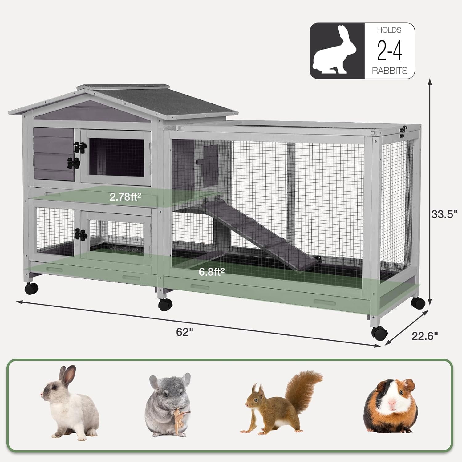 Aivituvin 2-Story Indoor Rabbit Hutch with Chew-Proof Outdoor Rabbit Cage with 6 Locking Casters Bunny Cage 2 Pull-Out Trays Guinea Pigs Cage 62" Gray