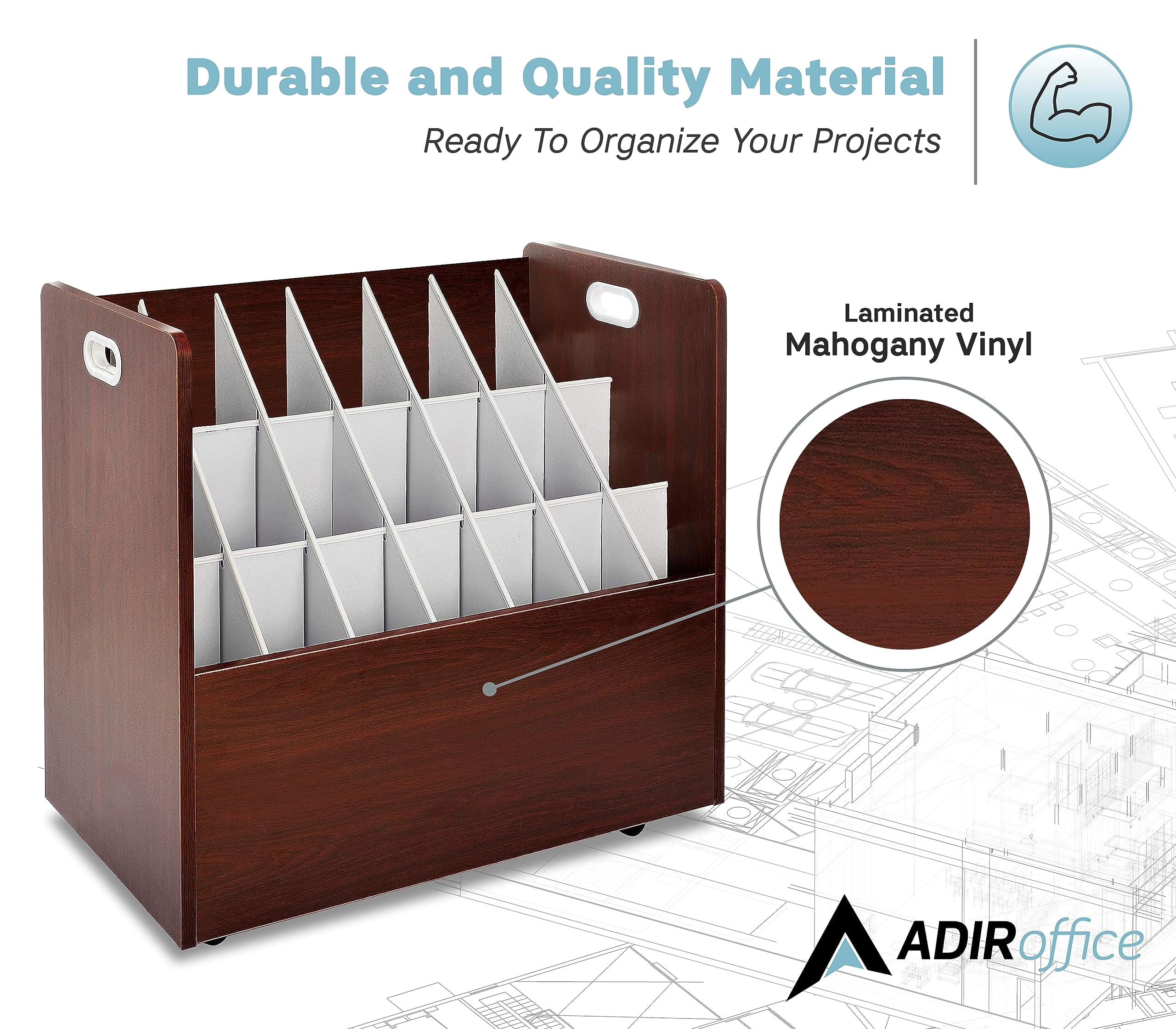 Adir Blue Print Storage Organizer - Mobile Roll File Cart, Construction Plan Holders, Blueprint Cabinet with Wheels, Roll Files Storage for Office and Home (21 Slots, Mahogany)