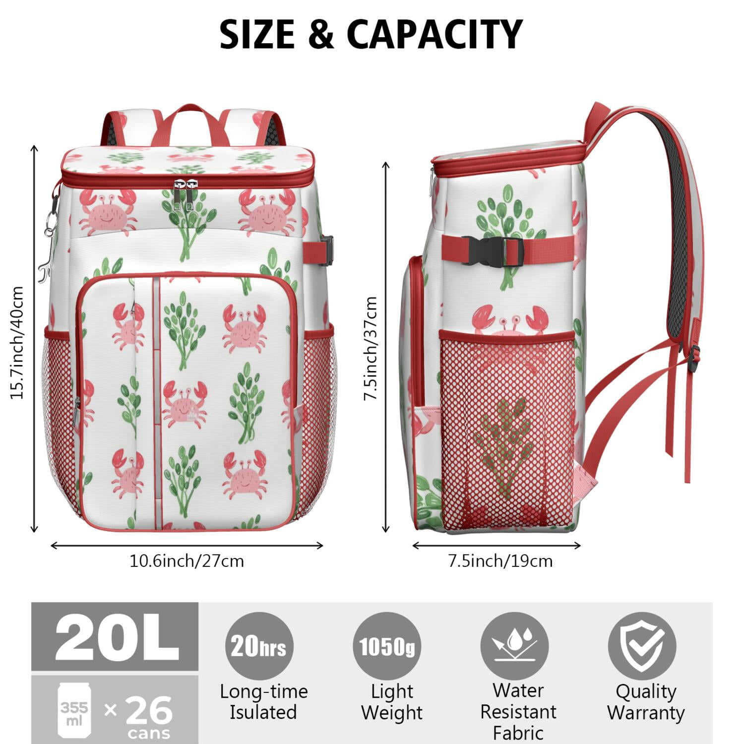 Camping Cooler Backpack 26 Cans,Soft Backpack Coolers Insulated Leak Proof Travel Cooler Bag Waterproof Lunch Picnic Beach Work Trip Thermal Bag Drink Beverage Beer Bag Cooler Marine Adorable Crab
