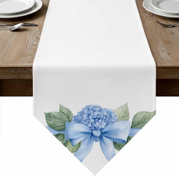 Hydrangea Spring Table Runner Linen Burlap Table Runner 70 Inches Long Idyllic Flower Floral Bow Plant Leaf Dresser Scarves for Kitchen Island Coffee Dining Party Wedding Holiday Decor 13"x70"