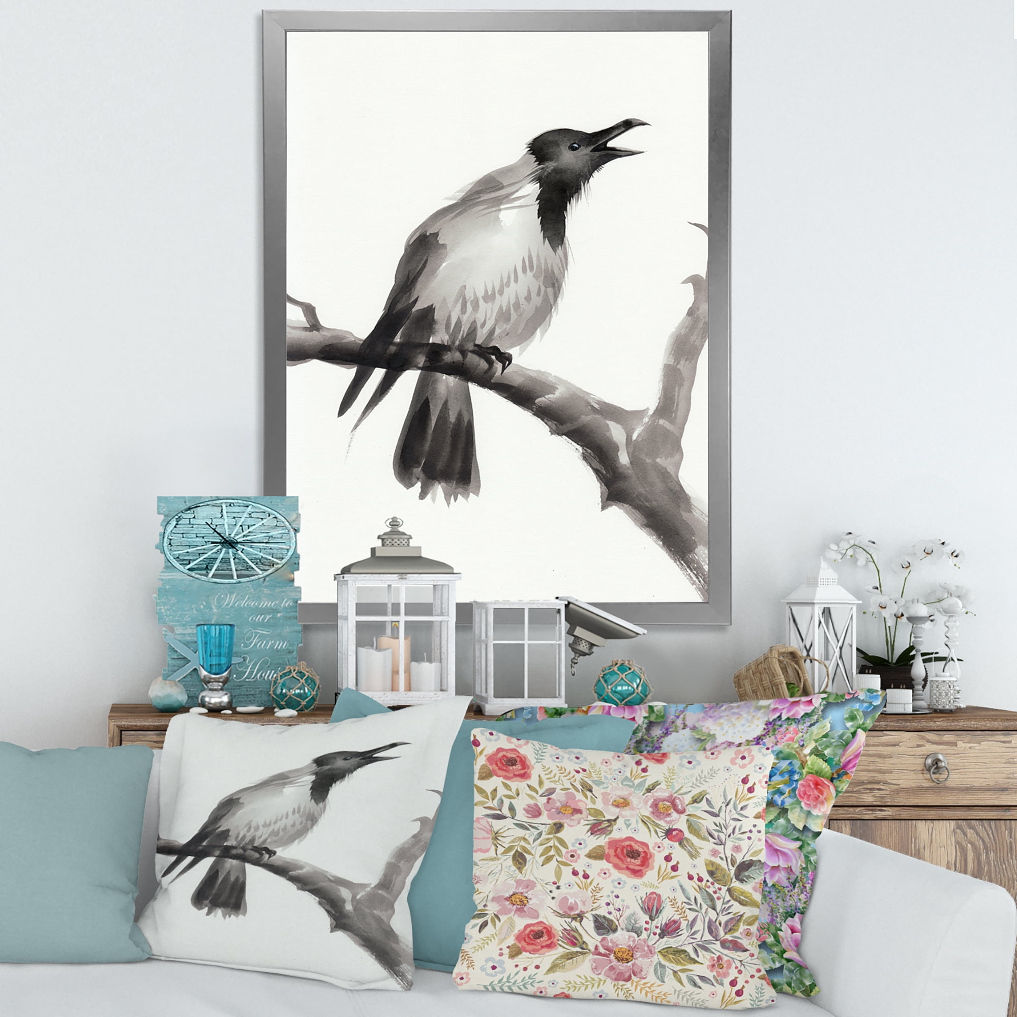 Designart 'Monochrome Crying Crow On A Branch' Traditional Framed Art Print