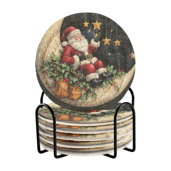 Santa Claus on The Moon Drink Coasters with Holder Absorbent Coaster for Coffee Table Room Decor 6 Pack