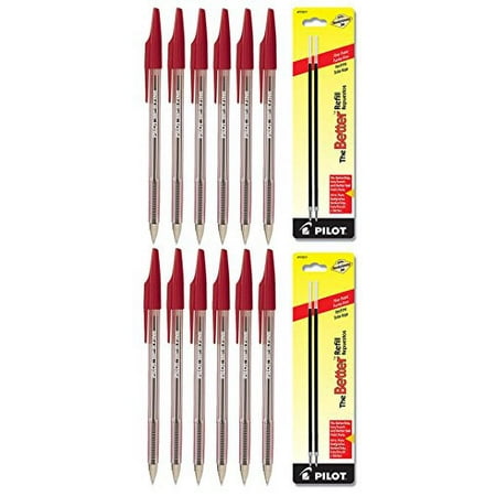Pilot The Better Ballpoint Stick Pens, Fine Point Red Ink 12 Pens & 4 Refills