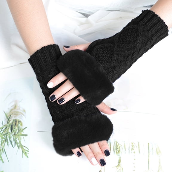 CUZIBR Winter Gloves Women'S Plush Knitted Fingerless Glove Cartton Pattern Wool Fuzzy Lined Mitten Sleeves Writing Outdoor Cold Weather For Unisex