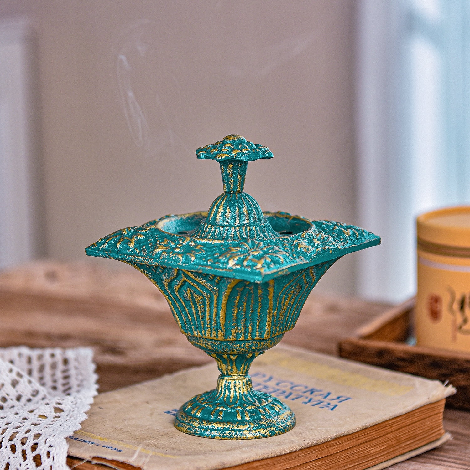 Sungmor Multi-Purpose Cast Iron Incense Holder, Incense Stick Burner Ash Catcher, Decorative Vintage Heavy-Duty Holder for Burning Incense Stick & Cone, Bakhoor, Sage Cones, Beautiful Incense Burner