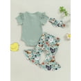 thumbnail image 5 of vera natura Baby Girl Romper Outfit Ribbed Ruffled Short Sleeve Jumpsuit with FloralChick Flare Pants Headband 3Pcs Outfit, 5 of 8