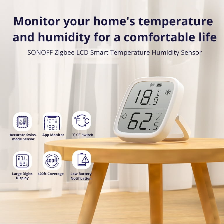 SONOFF Zigbee Indoor Temperature Humidity Sensor, SNZB-02D LCD Zigbee Thermometer Hygrometer, Works with Alexa & Google Home for Remote Monitoring