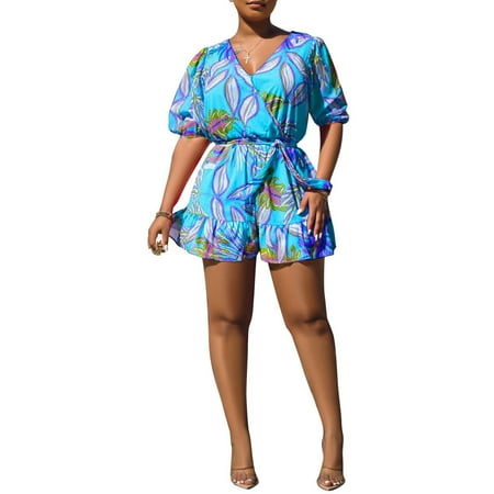 

Luckinbaby Women Playsuit Leaf Print V-neck Elbow Sleeve Bandage Romper