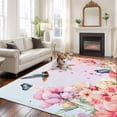 thumbnail image 2 of Pink Flower Area Rugs 5'x8', Small Throw Rugs for Classroom Bedroom, Spring Floral Elegant Butterflies Birds Farmhouse Indoor Outdoor Rug Non-Slip Low Pile Carpet Runner Reversible Floor Mats, 2 of 8