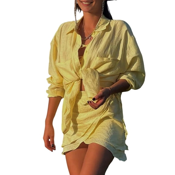 2 Piece Summer Outfits Button Down Shirt Top and Skirts Casual Lounge Sets Yellow One size