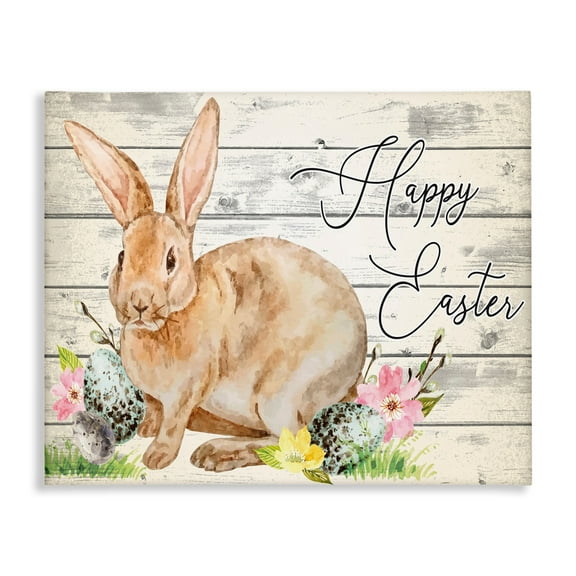 Stupell Spring Floral Happy Easter Bunny Holiday Painting Gallery Wrapped Canvas Print Wall Art