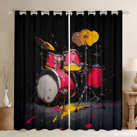 jejeloiu Oil Painting Drum Kit Black Out Curtains,Rock Music Instrument Curtains Pack of 2 (42x63 Each) For Boys Kids