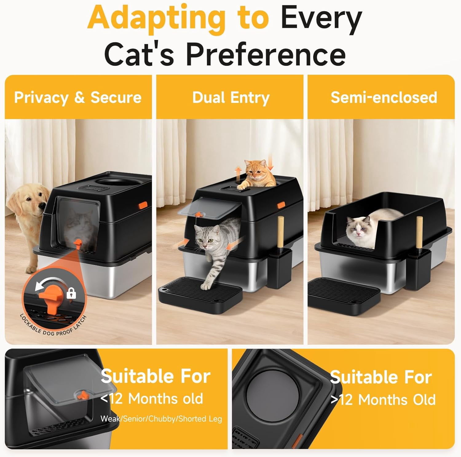 Dog Proof Front Entry Top Exit, High Sided Enclosed Metal Cat Litter Pan, Extra Large Stainless Steel Litter Box with Lid, Includes Scoop & Step, Odor Control Easy Clean Leak Proof