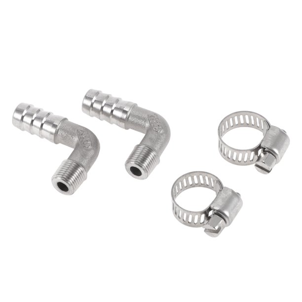 Accesorios de manguera Unique Bargains con 2 abrazaderas, conector de codo de 90 grados para aire, agua, aceite, gas, combustible, acero inoxidable 25/64" OD 1/8" BSPT 1 juego tono plateado
