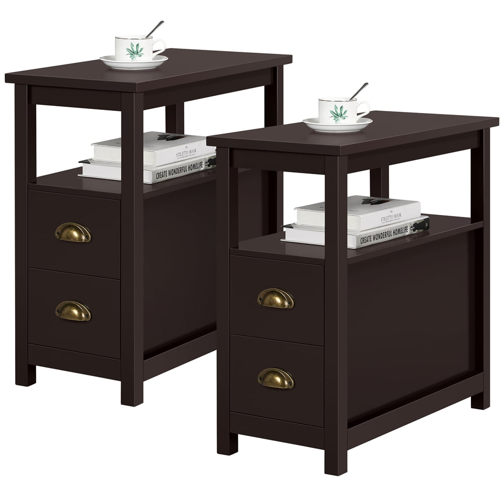 Set of 2 Narrow End Table with 2 Drawer and Open Storage Shelf for Living Room,Reddish Brown 