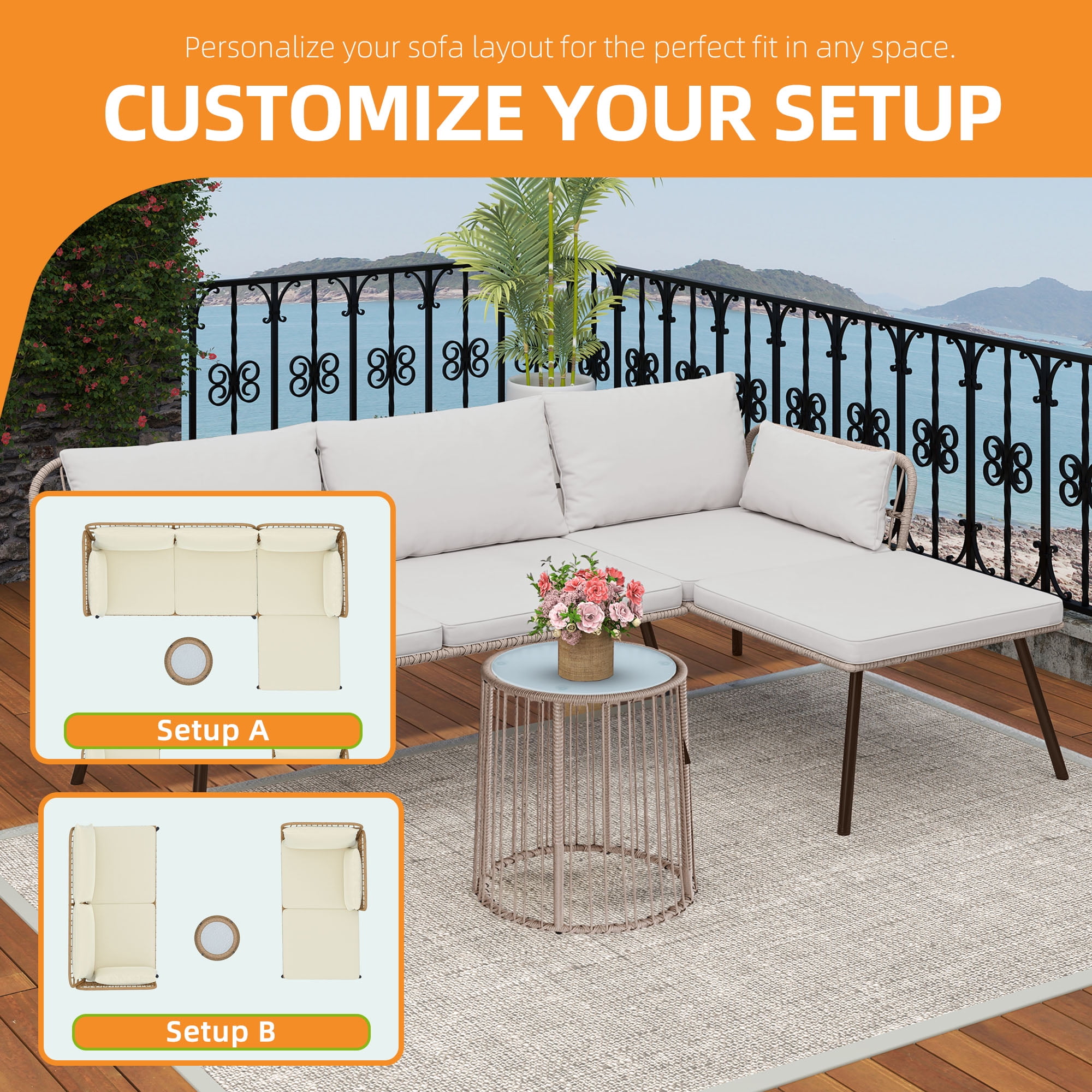 Craftian 3 Pieces Patio Furniture Set, Wicker Rattan Outdoor Conversation Set with Cushions and Side Table  - Beige