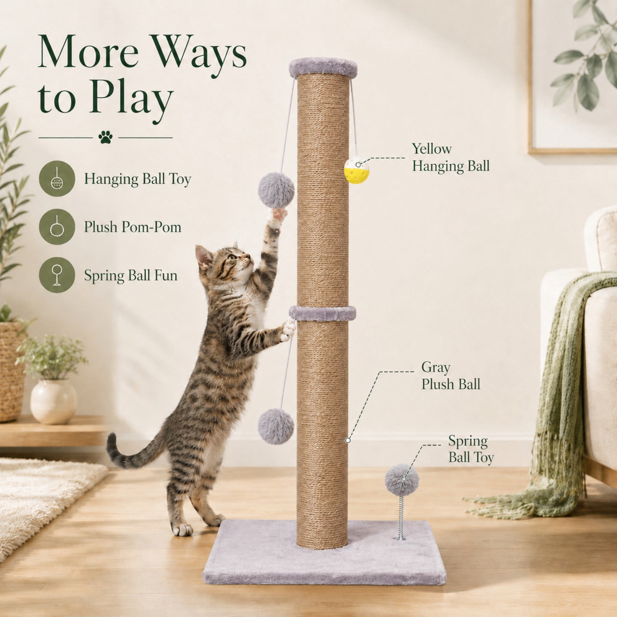 PELUOMOZ Cat Scratching Post 36 in Natural Sisal Rope Scratch Tower with 3.6 in Post and Interactive Toy Gray