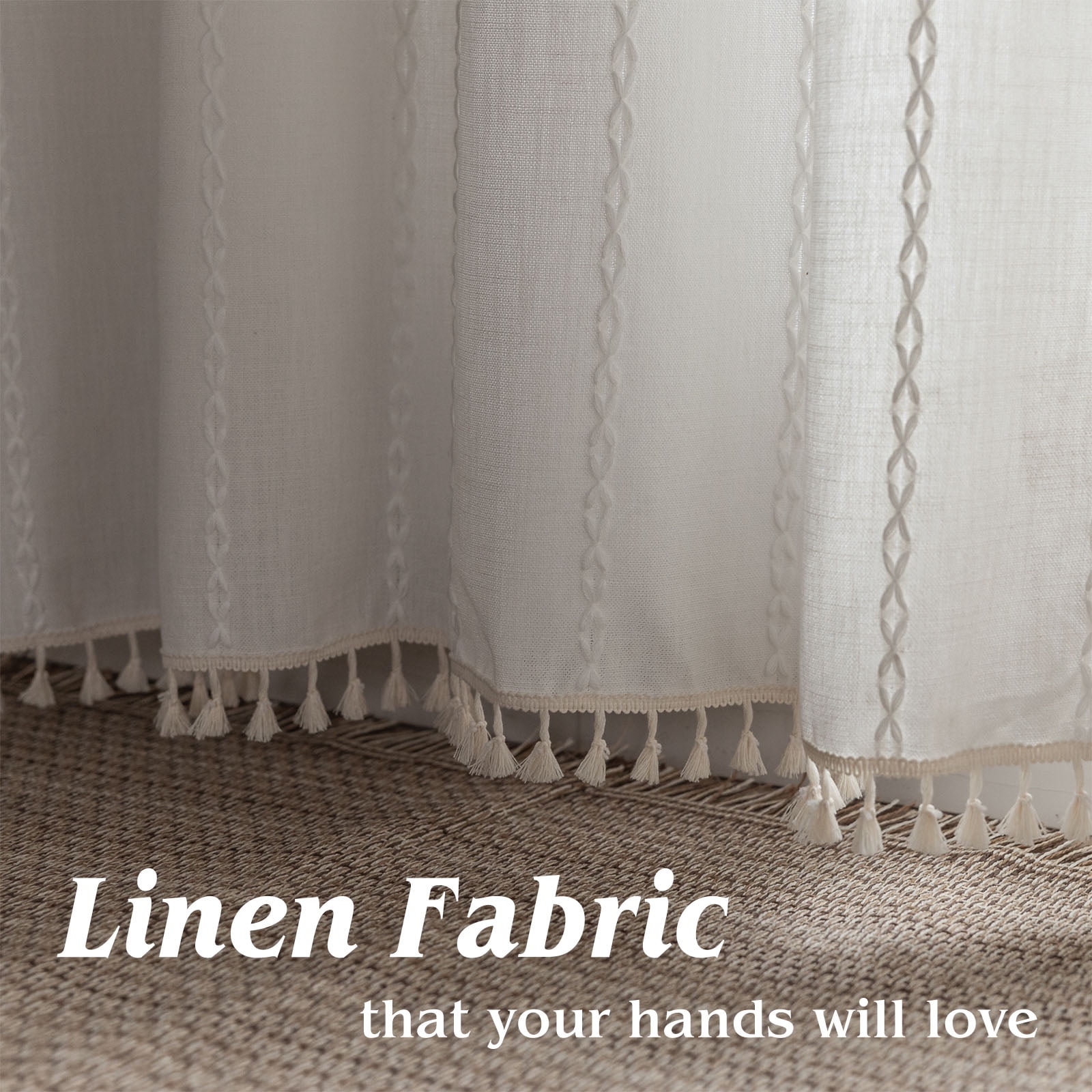 NixiYa Linen Curtains White Boho Curtains Semi-Blackout Window Curtains Rod Pocket Drapes 52 x 84 inches 1 Pannel