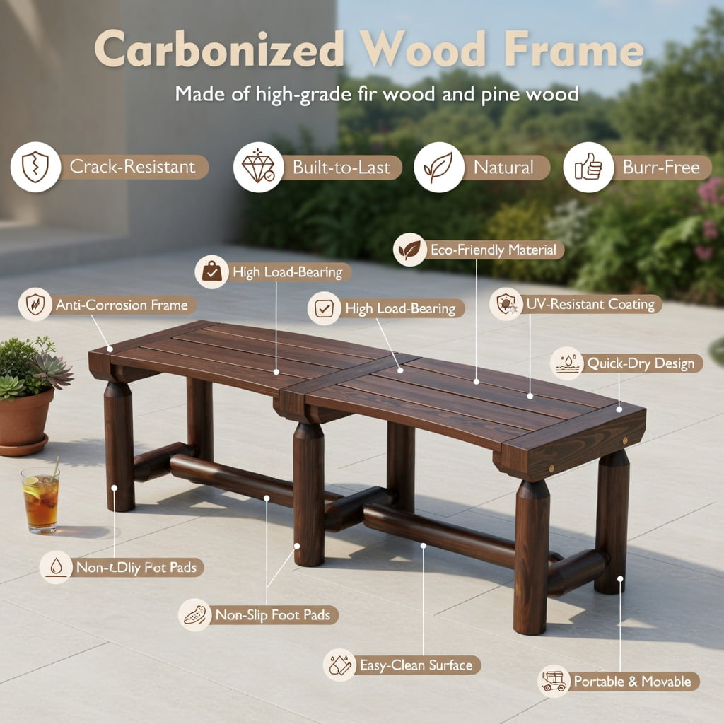 Hommoo Outdoor Curved Patio Bench for Round Tables, Slatted Wood Bench, 55" Seating, Easy Assembly, Rustic Brown